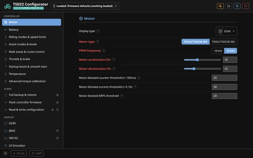 The web configurator's motor settings page, where you tune how the motor behaves