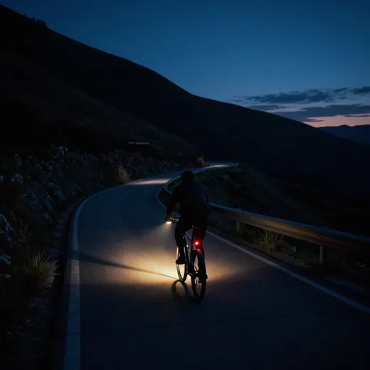 A rider on an e-bike climbing a dark winding mountain road at dusk, headlight glowing