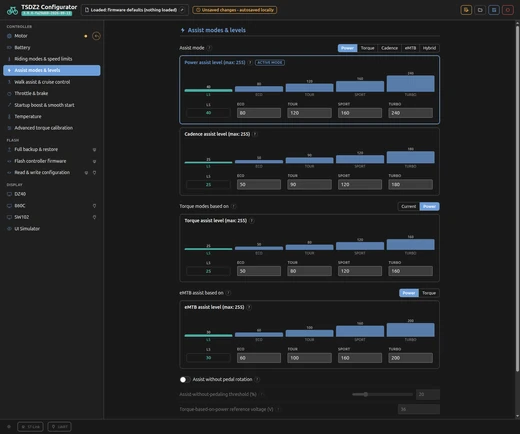The web configurator's assist settings page: choosing an assist mode and setting the strength of each assist level